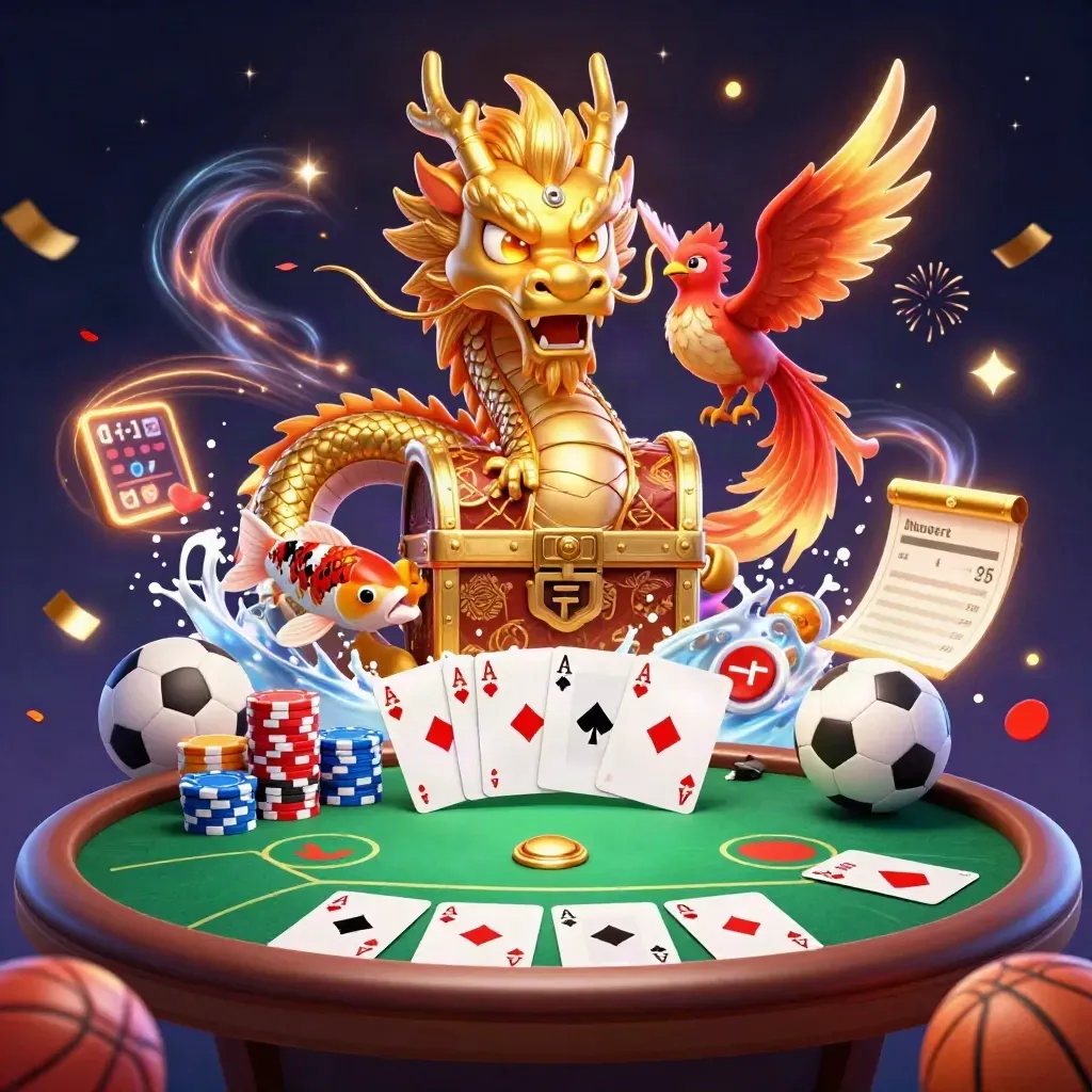 Dragon, phoenix, koi and casino props explode in neon sportsbook fantasy art.