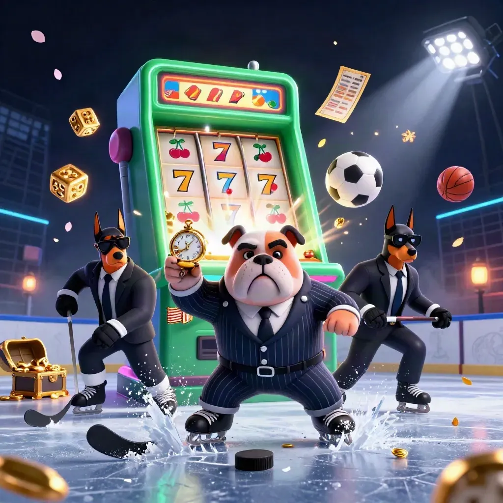 Hockey-themed casino key art with bulldog and Dobermans amid slot burst, gold dice, and neon lights.