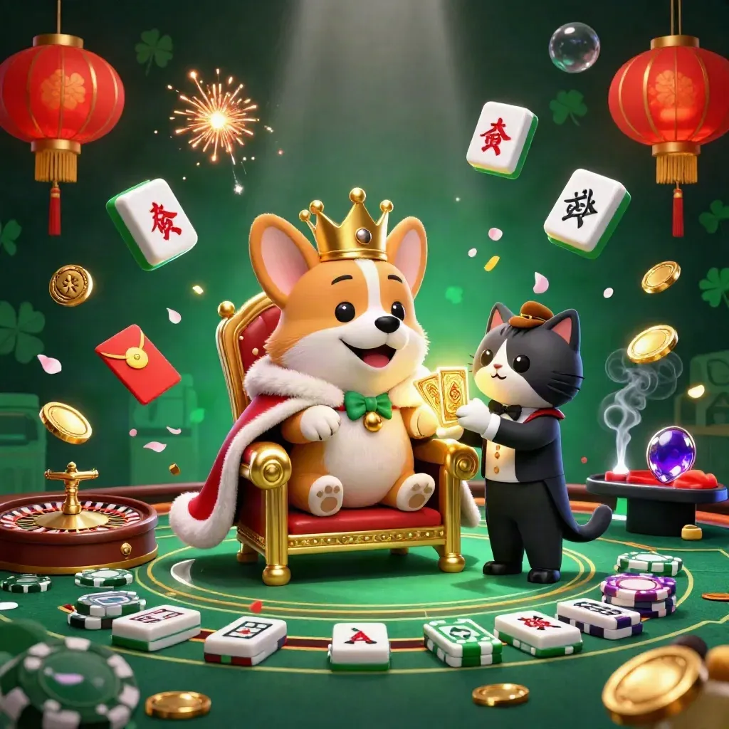 Royal corgi and cat butler amid casino luxuries, lanterns, coins, and neon glow