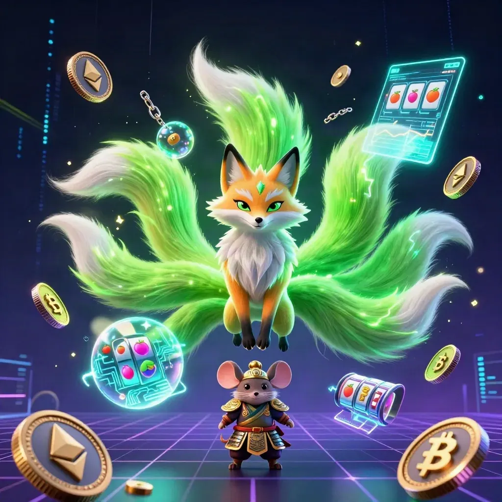 Nine-tailed fox spirit and armored mouse amid neon coins, reels, and electric casino energy