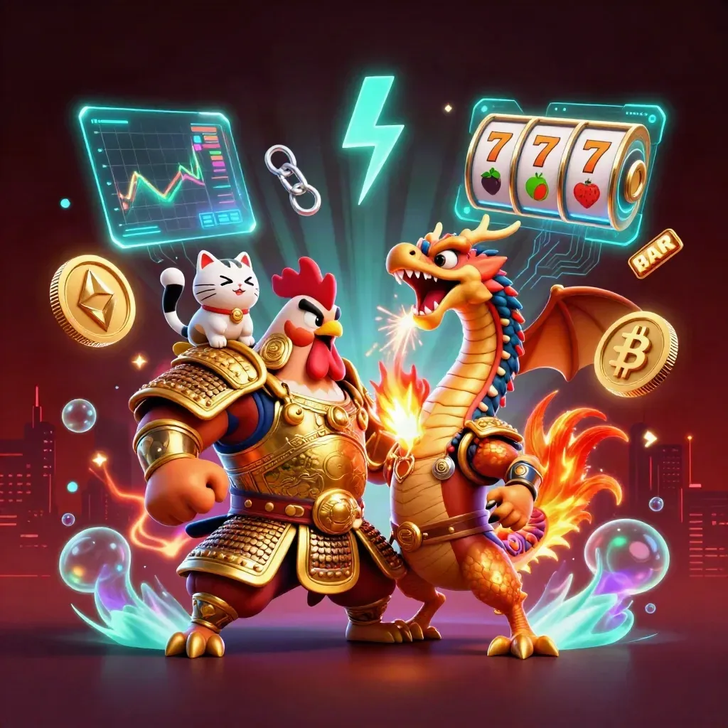 Samurai rooster, spark-breathing dragon hatchling, and cheering lucky cat amid casino coins and neon effects