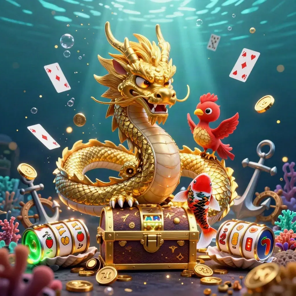 Golden dragon, phoenix, koi, treasure chest, coins, coral, reels, and underwater glow.